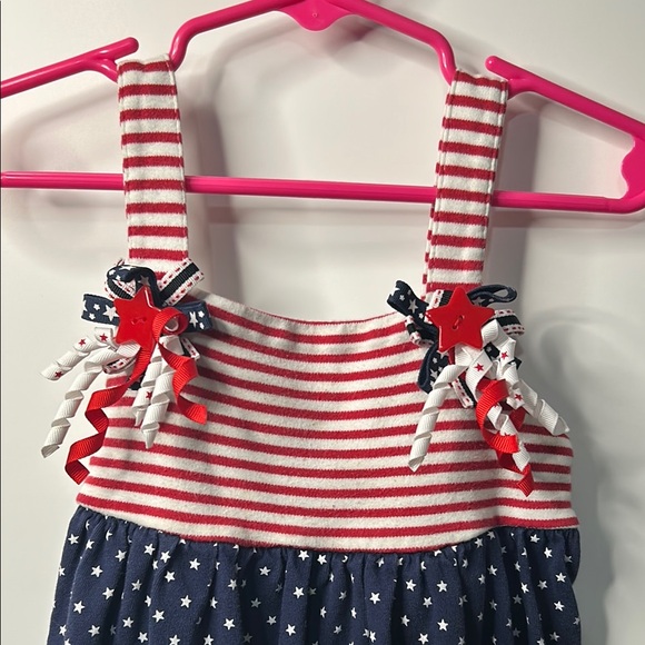 Navy Polka Dot Kids Dress with Red Stripes - Picture 2 of 9